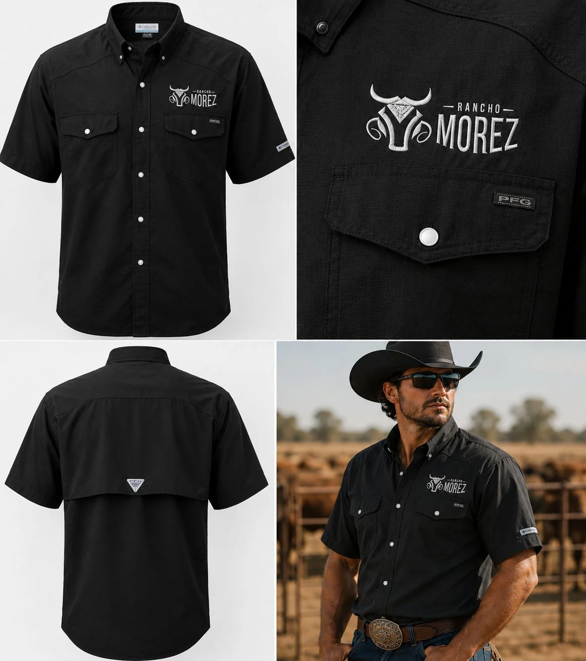 Camisa Columbia PFG negra con el logotipo del Rancho Morez bordado en hilo blanco — pieza de la ganadería costarricense